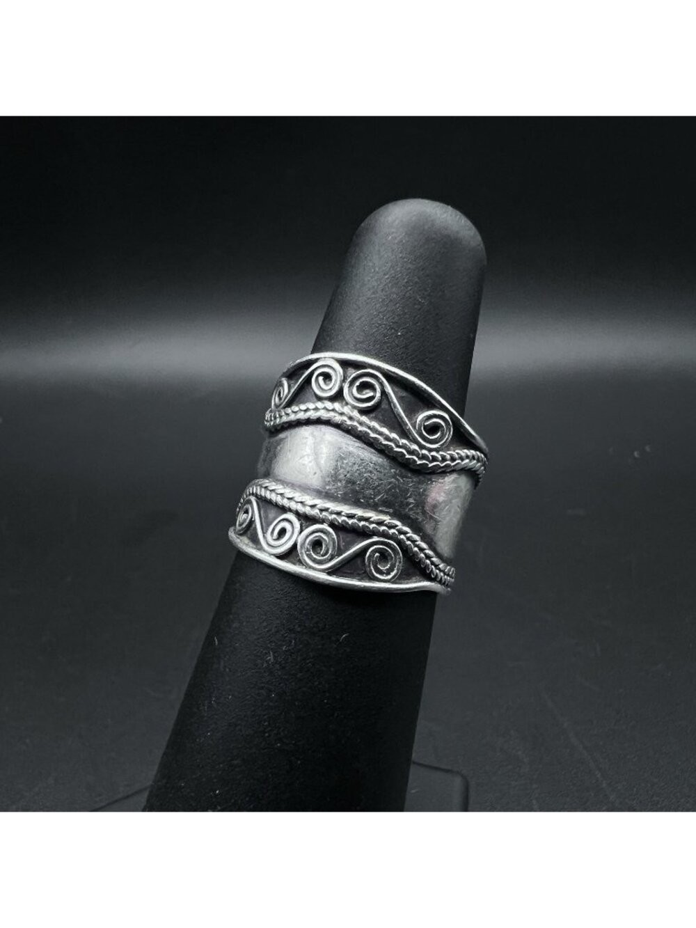 Vintage Sterling Silver Balinese Wide Cigar Band Ring Size 6 Rope Scroll Details
